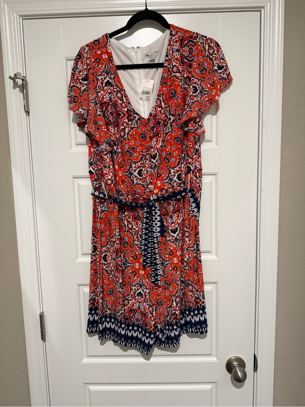 Tie-Waist Printed Shorts Romper in Red and Navy